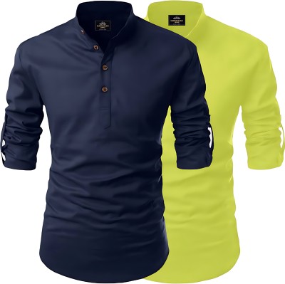 Infyshopy Fashions Men Solid Straight Kurta(Dark Blue, Light Green)