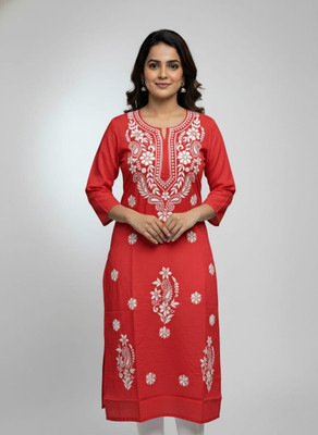 PehnaVastra Fabriks Women Embroidered, Chikan Embroidery Straight Kurta(Red)