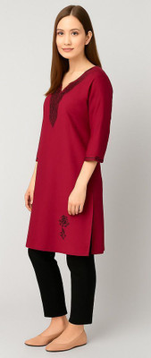 RuhisCollection Women Embroidered A-line Kurta(Maroon)