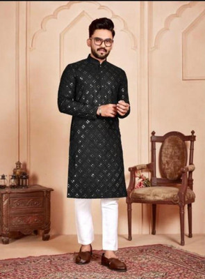 clickby Men Embroidered Straight Kurta(Black)