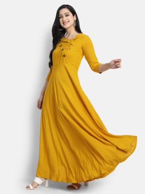 looknchoice Women Solid Gown Kurta(Yellow)