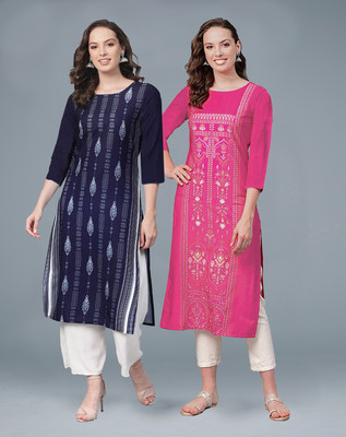 SERAPHINA STYLE Women Printed Straight Kurta(Dark Blue)