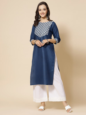 VINH FASHION Women Embroidered A-line Kurta(Dark Blue)