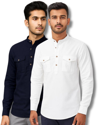 ClothTheory Men Solid Straight Kurta(Dark Blue, White)