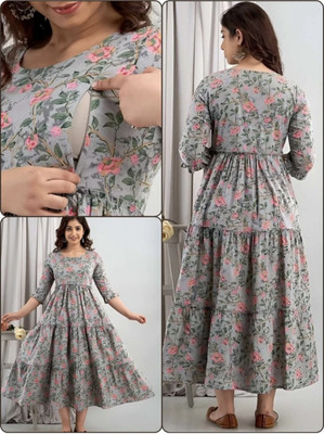 BAKNAD Women Floral Print Flared Kurta(Maroon)