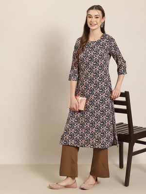 HERE&NOW Women Floral Print A-line Kurta(Blue)
