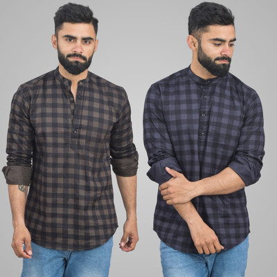QuaClo Men Checkered Straight Kurta(Brown, Grey)