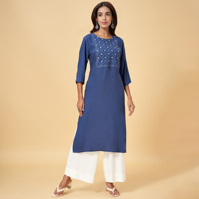Rangmanch by Pantaloons Women Embroidered A-line Kurta(Blue)