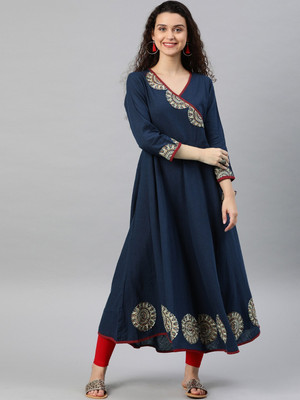 Yash Gallery Women Printed Flared Kurta(Blue)