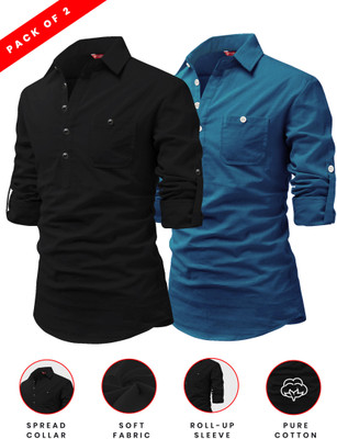 FireFish Men Solid A-line Kurta(Dark Blue)