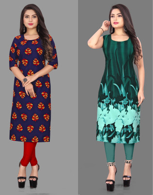 maruti fab Women Printed Straight Kurta(Green, Blue)