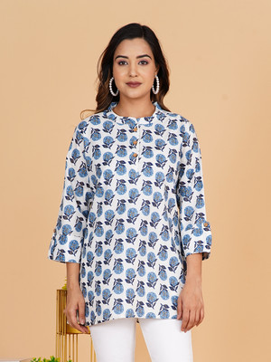 Blocks Of India Women Floral Print Cape Top Kurta(Blue, White, Yellow)