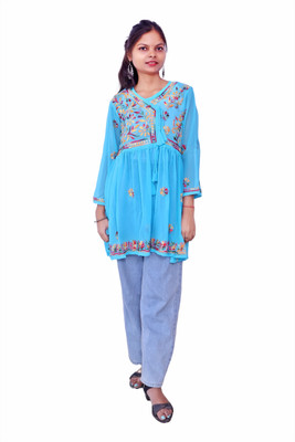 Ah creation Women Chikan Embroidery Ethnic Dress Kurta(Light Blue)