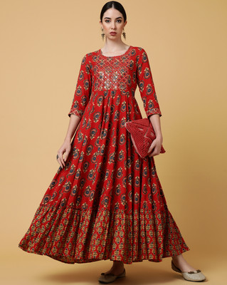 Gulmohar Jaipur Women Printed Flared Kurta(Red)