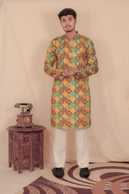 House Of Sanskruti Men Printed, Bandhani Straight Kurta(Yellow)