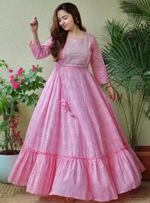 Rubiafashion Women Self Design Anarkali Kurta(Pink)