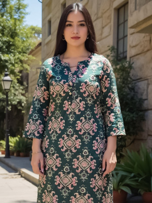 Indo Era Women Printed Straight Kurta(Green)
