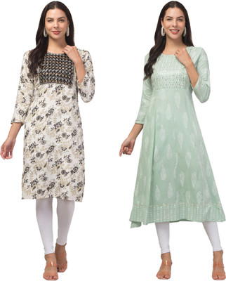 Malana Merino Women Printed, Embellished A-line Kurta(White, Green)