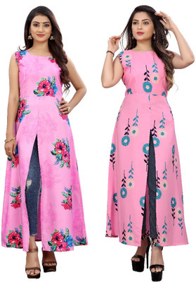 Hiral Creation Women Floral Print Frontslit Kurta(Pink)