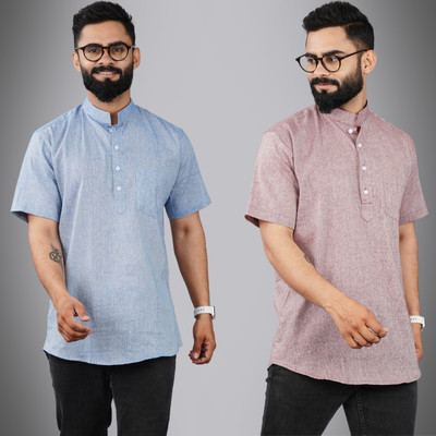 QuaClo Men Solid Straight Kurta(Light Blue, Maroon)