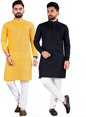 Simran Creation Men Solid Straight Kurta(Black, Yellow)