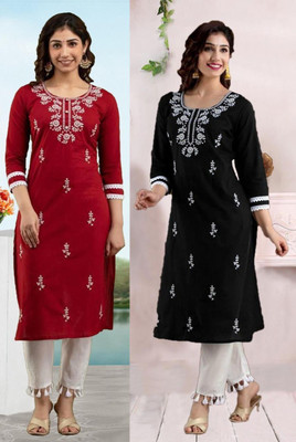vikshi Women Chikan Embroidery Straight Kurta(Multicolor)