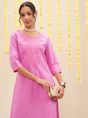 Vishudh Women Embroidered A-line Kurta(Red)
