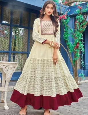 ABROR Women Embroidered Anarkali Kurta(Beige, Maroon)