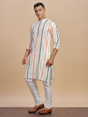 ANOUK Men Striped Straight Kurta(White)