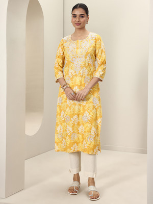 LIBAS Women Printed Straight Kurta(Yellow)