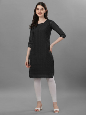 ZAZADIYA ENTERPRISE Women Chikan Embroidery Straight Kurta(Black)