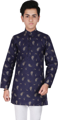 SEMINO Boys Printed Straight Kurta(Dark Blue)