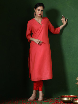 Jaipur Kurti Women Solid Straight Kurta(Pink)