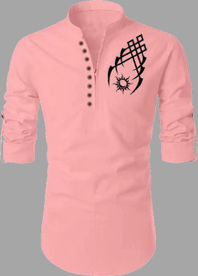 DEEMOON Men Printed Straight Kurta(Pink)