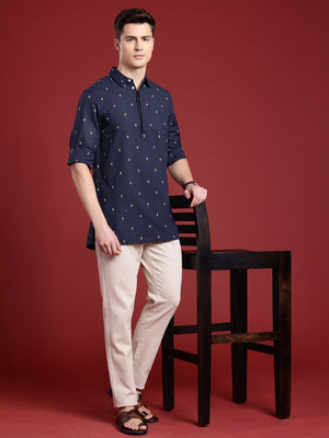 ANOUK Men Woven Design Straight Kurta(Blue)