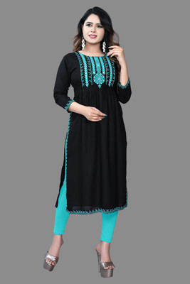 HAYA FASHION Women Embroidered Straight Kurta(Black)