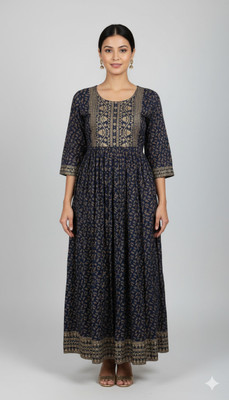 Kalyanis Raghav Fashion Women Block Print Anarkali Kurta(Dark Blue)