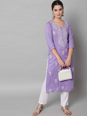 ANGITA Women Chikan Embroidery A-line Kurta(Purple, White)