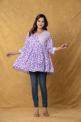 Jaydev Women Floral Print Flared Kurta(Purple)