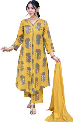 Byaara Women Printed, Block Print, Abstract Flared Kurta(Yellow)