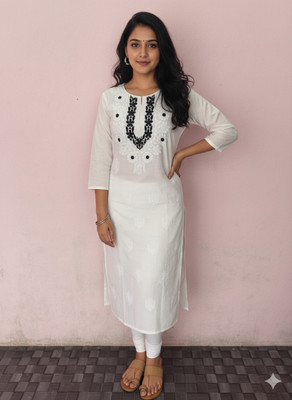 Crystalic Shop Women Chikan Embroidery A-line Kurta(White)
