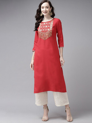 ANOUK Women Self Design Straight Kurta(Red)