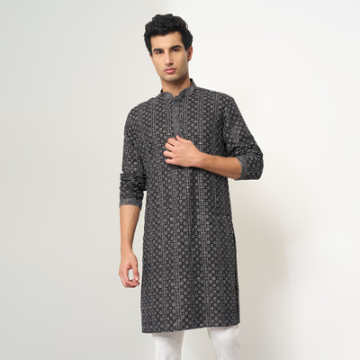 Indus Route by Pantaloons Men Printed Straight Kurta(Black)