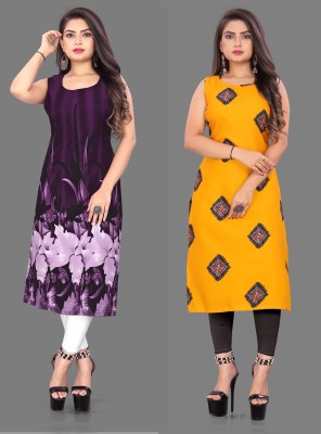 tanvi creation Women Floral Print Straight Kurta(Purple, Yellow)