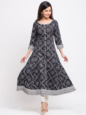 Yash Gallery Women Printed Anarkali Kurta(Black)