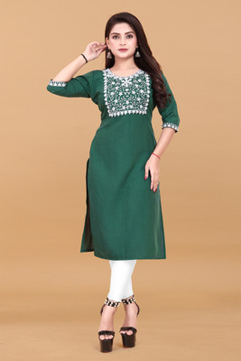 KNG TEXTILE Women Embroidered A-line Kurta(Green)