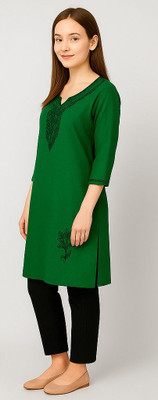 RuhisCollection Women Embroidered A-line Kurta(Green)