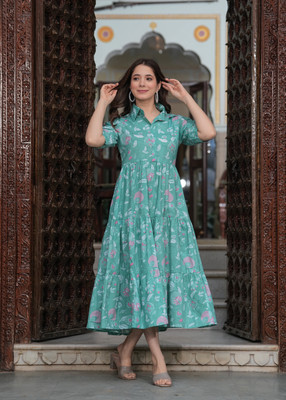 HouseOfCommon Women Printed Anarkali Kurta(Light Green)