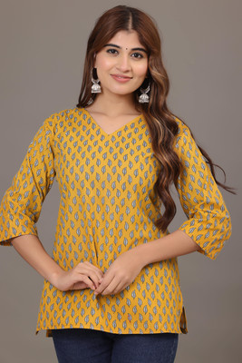 Anmi WOMEN WHITE COLOUR PRINTED SHORT KURTI FOR WOMEN AND GIRLS Floral Print Women Straight Kurta(Yellow)