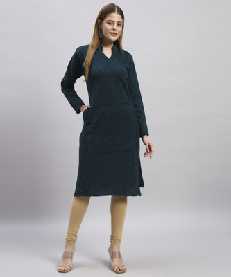 WILLEY Women Self Design Straight Kurta(Blue)